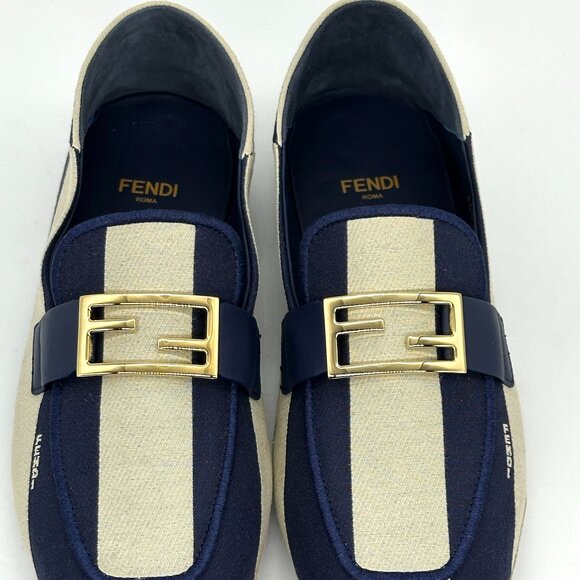 FENDI Baguette FF Logo Canvas Pequin Stripes Flat Loafers  FENDI Baguette FF Logo Canvas Pequin Stripes Flat Loafers Moccasin Shoes